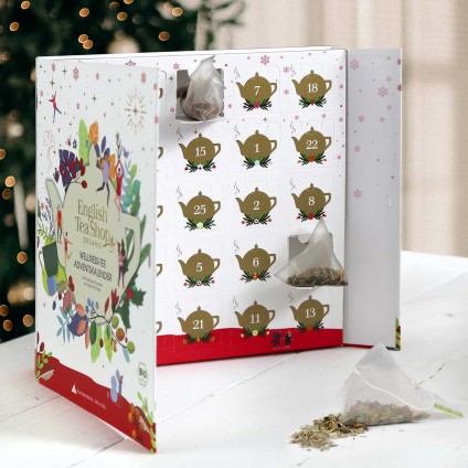 ETS - TEA BOOK TEA ADVENT CALENDAR WITH RIBBON "WELLNESS", 25 BOXES WITH ORGANIC TEA IN HIGH-QUALITY PYRAMIDS