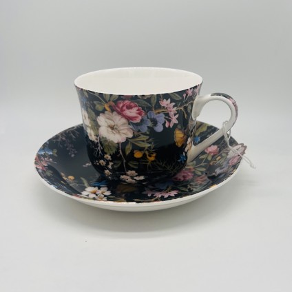 Floriade Cup with Saucer Midnight Blossom, Bone China Porcelain